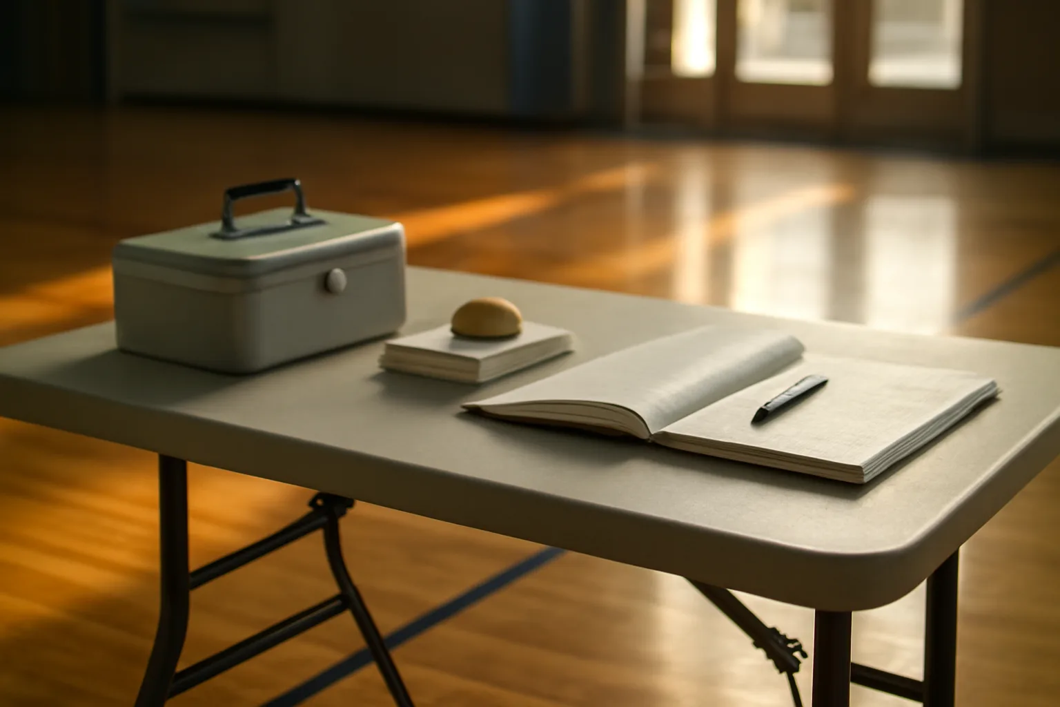 Volunteer treasurer's cash box, receipts, and ledger on a folding table at a school event