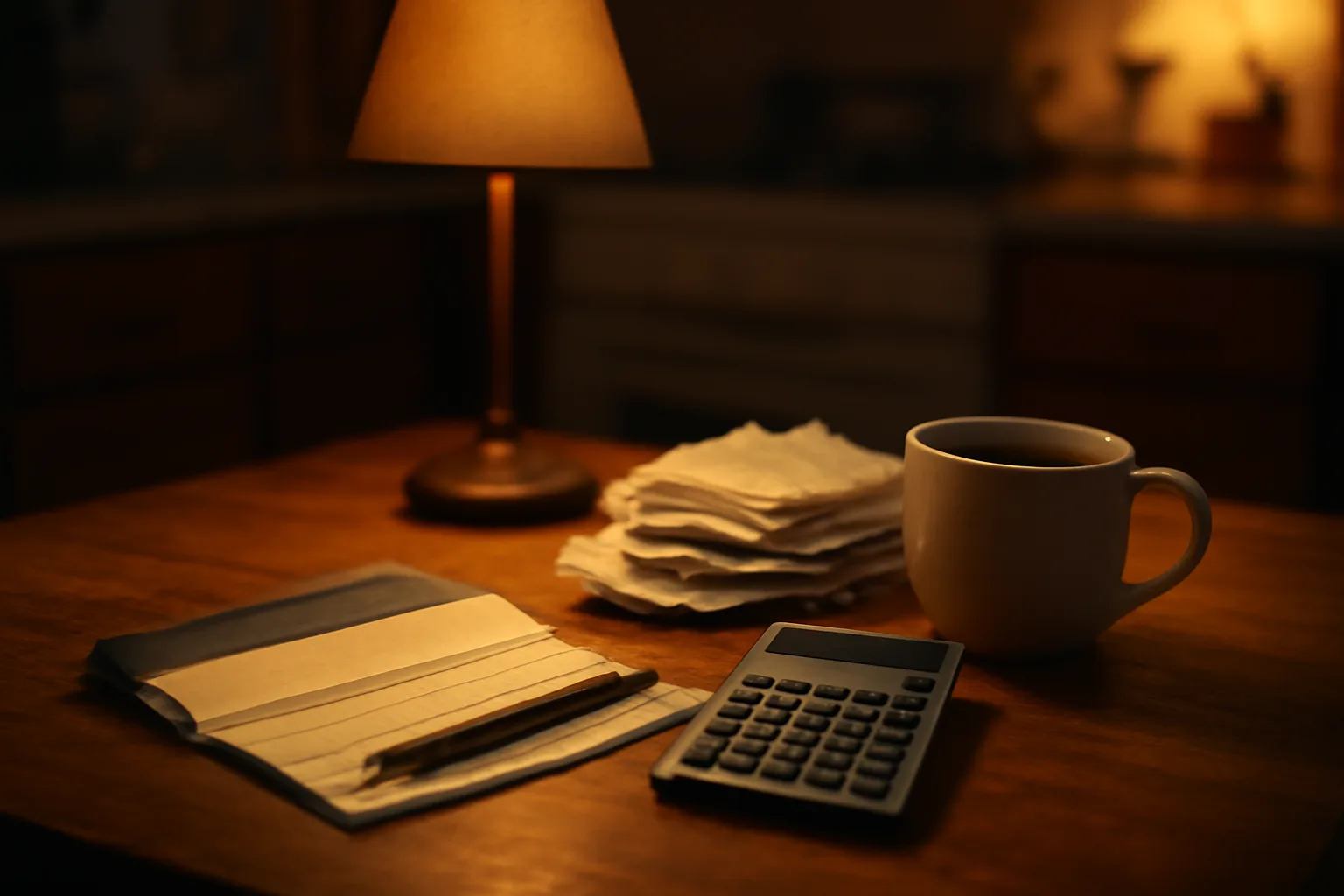 A volunteer treasurer's desk at night with receipts, calculator, and coffee mug