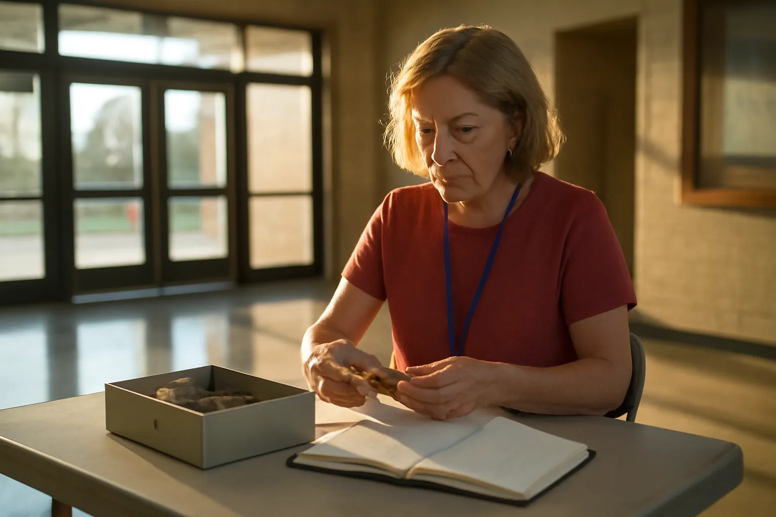 Volunteer treasurer counting cash and checks at a folding table in a gym lobby
