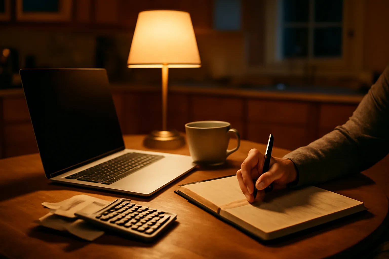 Volunteer treasurer reviewing receipts and a ledger at a kitchen table at night