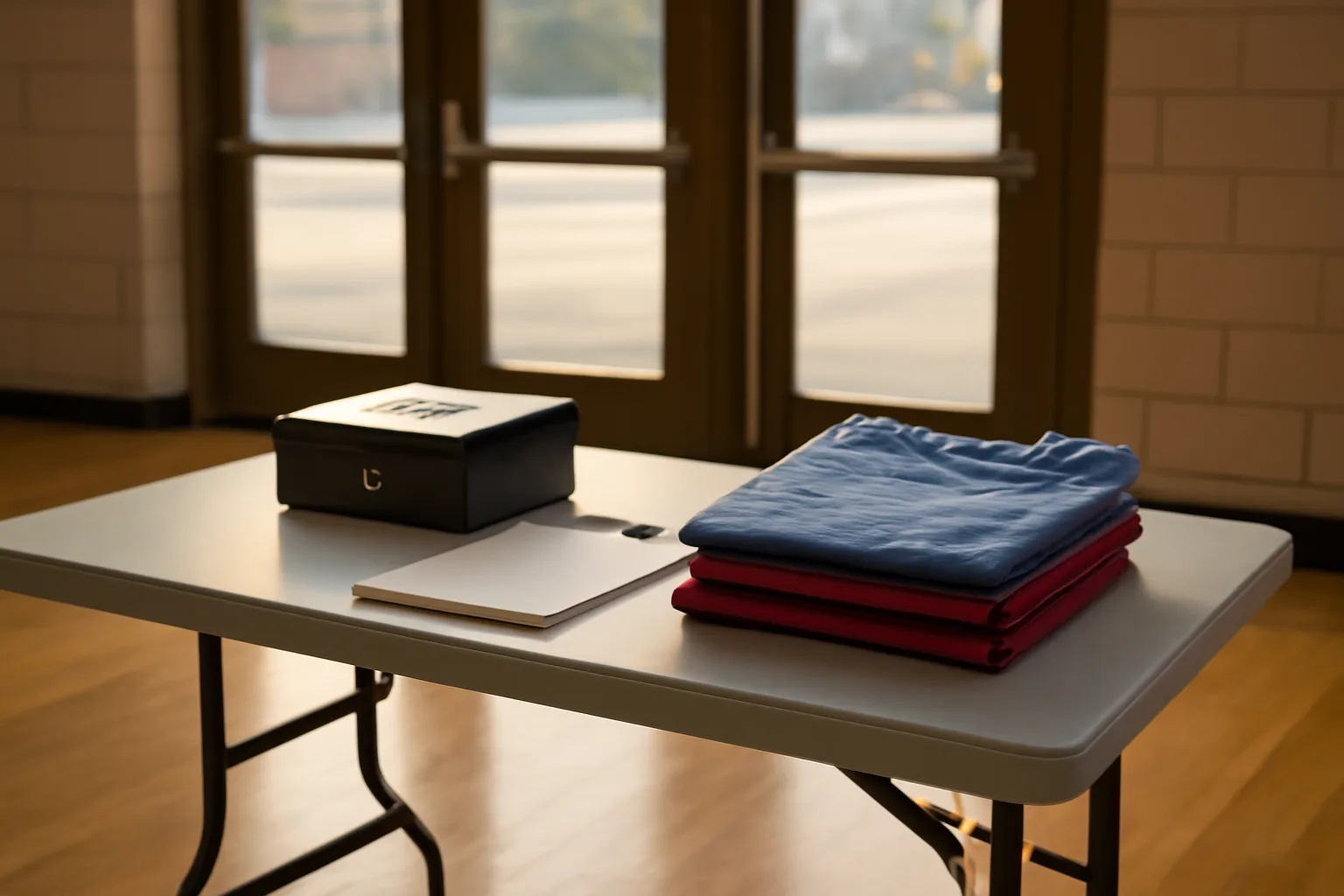 Volunteer treasurer's table with cash box and folded shirts at a school booster club event