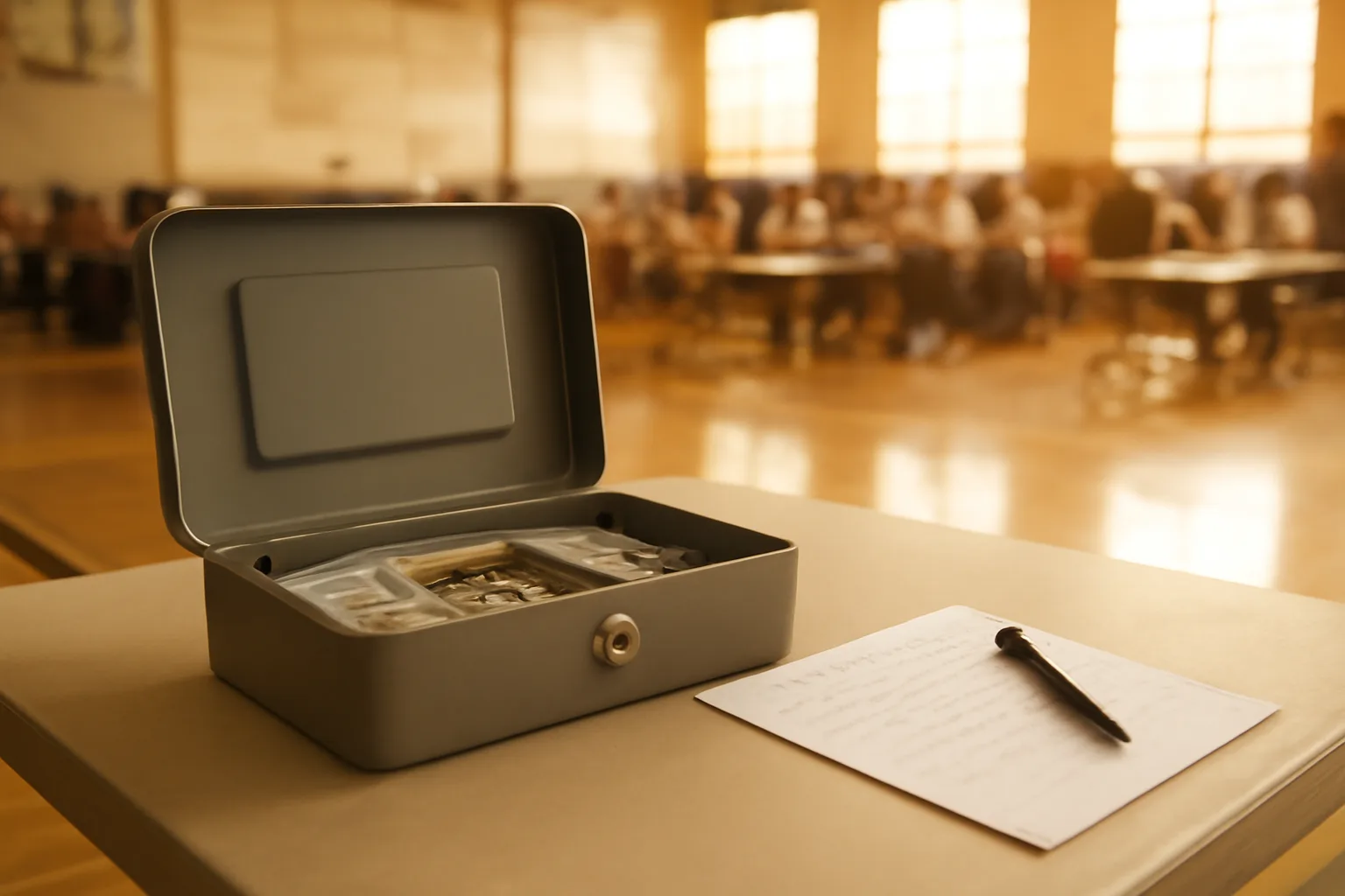 Cash box and tally sheet on a table at a school fundraiser event