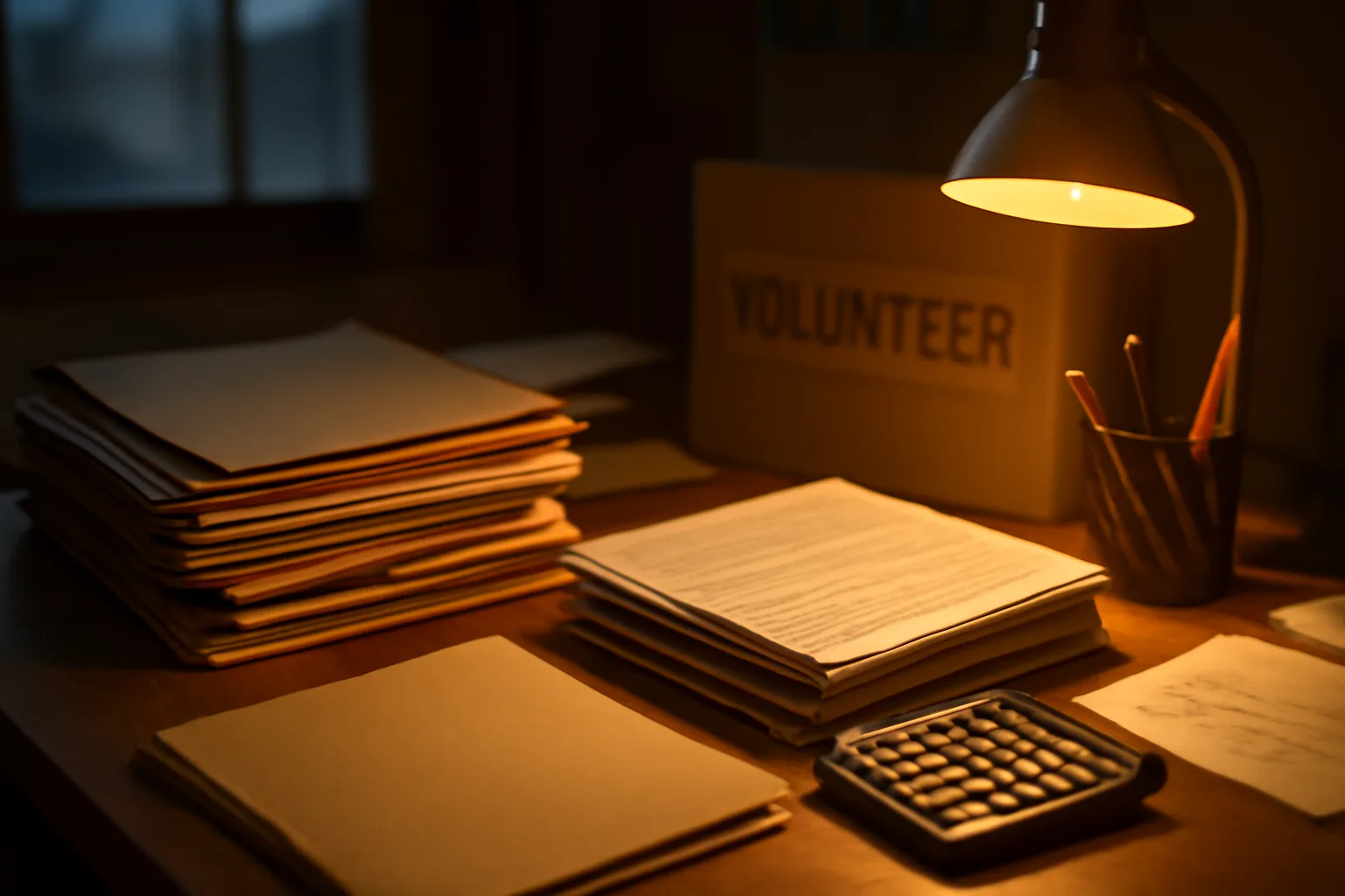 Volunteer treasurer's desk with paperwork stacks, symbolizing a missed 990-N filing cleanup