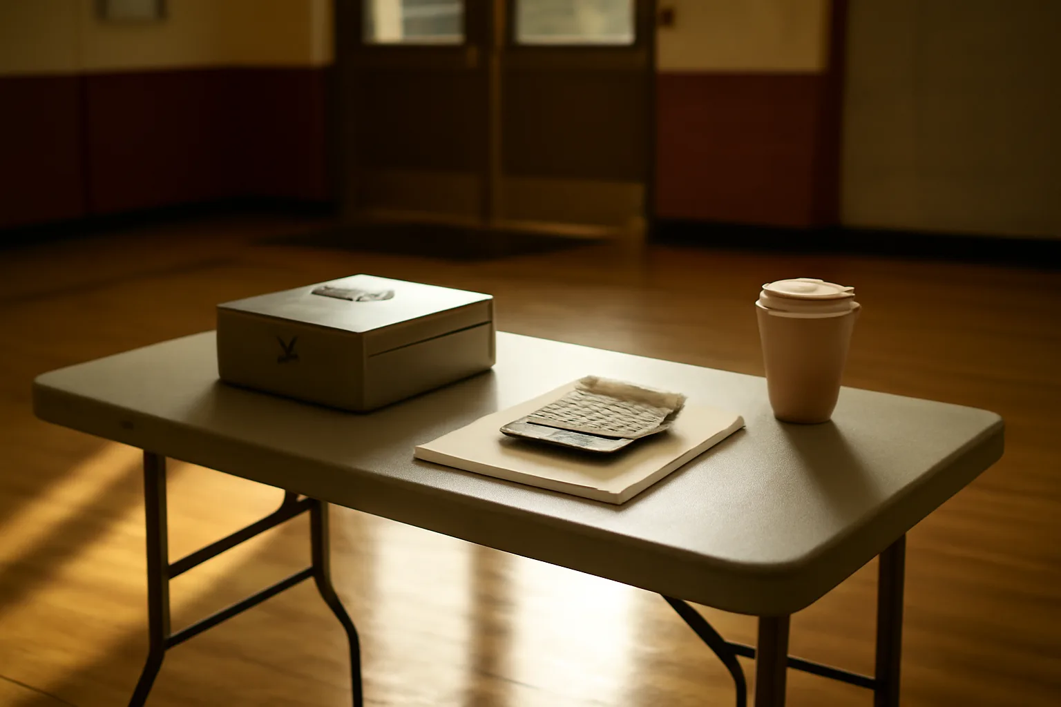 Treasurer's cash box and ledger papers on a folding table before a school fundraiser